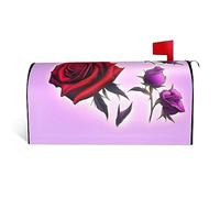 Roses rouges et violettes. C'est une housse de boîte aux lettres en tissu imperméable avec une impression sur un côté et une ouverture incurvée sur un côté.