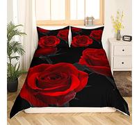 Roses Rouges Parure de Lit 240x260cm Luxe Rose Floral Housse de Couette pour Filles Couple Amoureux Fleurs Romantiques Parure Housse de Couette Saint Valentin Rouge Noir Chambre Décor 3 pièces