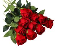 Roses rouges - Roses artificielles | Bouquet de roses au toucher réaliste | 10 fleurs artificielles avec longue tige et épines | Bouquet de mariée éternel pour intérieur ou extérieur, mariage