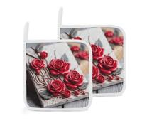Roses sur planche en bois - Isolation épaisse - Dessous de plat - Avec boucles de suspension - Manique de cuisine résistante à la chaleur - Polyvalent pour les comptoirs, casseroles chaudes et poêles