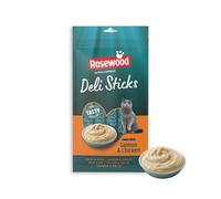 Rosewood Deli Sticks Saumon & Poulet - Mousse onctueuse pour Chat au Saumon et Poulet, Riche en vitamines et minéraux, sans sel ni Sucre ajouté, sans additifs artificiels, 5 x 15 g