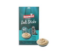 Rosewood Deli Sticks Saumon & Thon - Mousse Tendre pour Chats au Saumon et Thon, Friandise ou Topper, sans sel ni Sucre ajouté, avec vitamines et minéraux Essentiels, 5 x 15 g