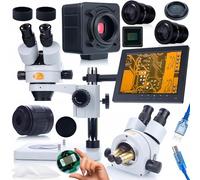Rosfix Kit Mercury Pro - Microscope stéréo trinoculaire avec caméra 5MP et écran 8" | Zoom 7-45x, C-Mount, Simul-Focal | Pour laboratoire, industrie, électronique | Système de microscopie
