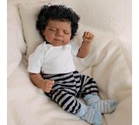 ROSHUAN Poupée Reborn noire en silicone pour bébé réaliste de 45,7 cm - Garçon afro-américain qui semble réaliste - Poupée nouveau-né endormie - Cadeau pour enfants à partir de 3 ans