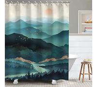 RosieLily Rideau de Douche Montagne, Rideau de Douche Bleu Sarcelle pour Salle de Bain, Rideau de Douche Frais, Crochets de Rideau de Douche Nature, Aquarelle, forêt brumeuse, Soleil et Coucher de