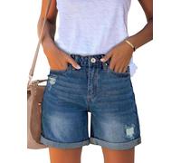 Roskiky Jean déchiré pour femme - Taille haute - Délavé - Ourlet roulé, Bleu après la tombée de la nuit, M