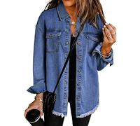 Roskiky Veste surdimensionnée boutonnée pour femme - Ourlet rayé - Manches longues - Poches - Denim - Veste en jean, La tombée de la nuit, 3XL