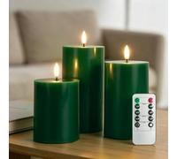 RosMank Lot de 3 Bougies LED pour Intérieur et Extérieur avec Télécommande à 10 Touches, sans Flamme, Cire Véritable Lisse, Décoration pour Noël, Anniversaire, Mariage, Fête, Vert