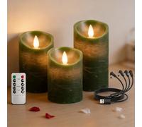 RosMank Lot de 3 Bougies LED pour Intérieur et Extérieur avec Télécommande à 10 Touches, sans Flamme, Cire Véritable, Effet Flamme Vacillante, Décoration pour Noël, Anniversaire, Mariage, Fête, Vert