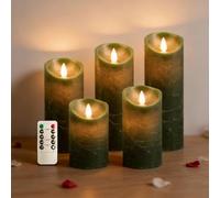 RosMank Lot de 5 Bougies LED pour Intérieur et Extérieur avec Télécommande à 10 Touches, sans Flamme, Cire Véritable, Effet Flamme Vacillante, Décoration pour Noël, Anniversaire, Mariage, Fête, Vert