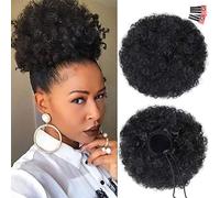 rosmile Afro Puff Clip On Synthetic Ponytail Extension for Black Women, 80gram 1B# Short Kinky Bun for Natural Hair