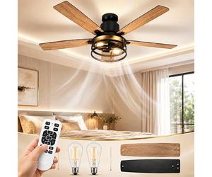 Rosnek Ventilateur Plafond avec Lumière et Télécommande, Ventilateur Silencieux en Cage 112 cm, 6 Vitesses & Minuterie, Moteur DC Réversible, 5 Pales en Bois Réversibles pour Chambre Salon Terrasse