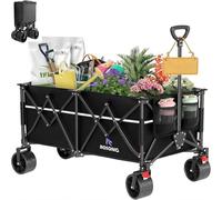ROSONG Chariot de Plage Pliable-Chariot de Jardin 4 Roues Tout Terrain avec Freins Charrette de Transport Grande Capacité 260kg pour Camping, Courses, Extérieur, Noir