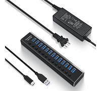 Rosonway Hub USB alimenté en aluminium 13 ports USB 3.1 jusqu'à 10 Gbit/s avec adaptateur d'alimentation 72 W (12 V/6 A) et commutateurs individuels, câbles de type A et de type C, extenseur de hub USB C pour PC et ordinateur portable (RSH-A13)