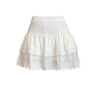 ROSSOM Women’s Shirred High Waist Ruffle Skirt A Line Skirt Summer Eyelet Embroidery Smocked Tiered Beach Short Skirts (White,S)