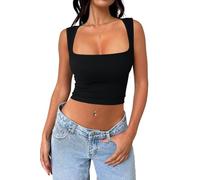 ROSSOM Women Sexy Square Neck Ribbed Tank Tops Sleeveless Crop Top Seamless, Trendy Basic Casual Solid Slim Fit Cami, Going Out Workout Tank Top (Black,Large)