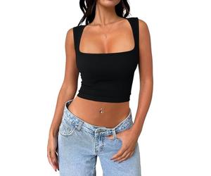 ROSSOM Women Sexy Square Neck Ribbed Tank Tops Sleeveless Crop Top Seamless, Trendy Basic Casual Solid Slim Fit Cami, Going Out Workout Tank Top (Black,Large)