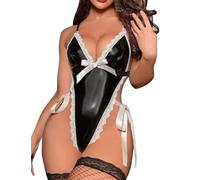 ROSVAJFY Body Sexy Cuir Verni Femme Lingerie Teddy Sans Manches Une Pièce Wetlook Sous-Vêtements Nouer Dos Nu Clubwear à Col V Profond Coquine Hot Bordure Dentelle Soubrette Jeu Rôle Costume