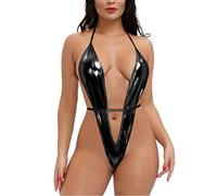 ROSVAJFY Body sexy en cuir pour femme, sous-vêtements en cuir brillant Bodysuit à col ras-du-cou avec décolleté profond, mini-robe Teddy Clubwear dos nu avec laçage, S-XL, Noir , S-XL