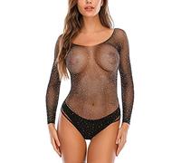 ROSVAJFY body transparent en tulle à pois pour femme - String avec bretelles spaghetti - Sous-vêtements monokini - Coupe haute - Noir, Manches longues, taille