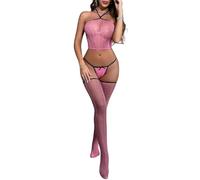 ROSVAJFY Bodystocking Femme Sexy Résille Ensemble de Lingerie 3 Pièces Dentelle avec Bas Maille Transparente, Combinaison Nuisette Collants Coquins,Top Court Dos Nu et String XS-XL Rose/Bleu (Rose)