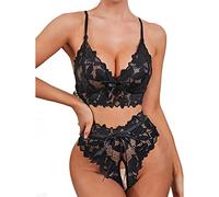 ROSVAJFY Ensemble de lingerie sexy en dentelle florale pour femme coquine transparente en maille nuisette sous-vêtements 2 pièces col en V soutien-gorge et culotte ajourée à l'entrejambe vêtements de