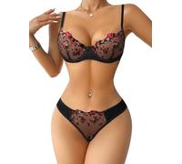 ROSVAJFY Ensemble de Lingerie Sexy pour Femme en Dentelle Broderie Florale, Soutien Gorge à Armatures et Culotte 2 Pièces, Coquine sous Vetements Feminins Hot Push Up Nuisettes (Noir, M)