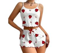 ROSVAJFY Ensemble de pyjama court 2 pièces avec imprimé fruits pour femmes, ensemble de vêtements de nuit mignons sans manches, ensemble pyjama décontracté à manches courtes, tenue de détente