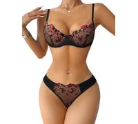 ROSVAJFY Ensemble Lingerie Sexy Dentelle Femme Maille Brodée Florale Soutien-Gorge Armatures Push-Up et Culotte sous-Vêtements Transparente Nuisette Vêtements Nuit Bretelles Réglables (Noir, S)