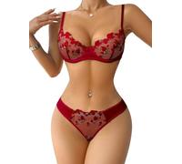 ROSVAJFY Ensemble Lingerie Sexy Dentelle Femme Maille Brodée Florale Soutien-Gorge Armatures Push-Up et Culotte sous-Vêtements Transparente Nuisette Vêtements Nuit Bretelles Réglables (Bordeaux, S)
