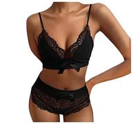 ROSVAJFY Ensemble sous-Vêtements Femme Dentelle 2 Pièces Soutien-Gorge à Bretelles + Culotte Taille Haute Transparente Nœud Lingerie Sexy Col en V Nuisette Stretch Coquine (Noir, L)