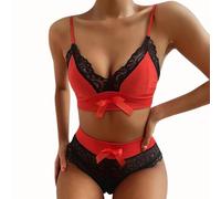 ROSVAJFY Ensemble sous-Vêtements Femme Dentelle 2 Pièces Soutien-Gorge à Bretelles + Culotte Taille Haute Transparente Nœud Lingerie Sexy Col en V Nuisette Stretch Coquine (Rouge, S)