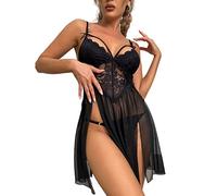 ROSVAJFY Femme Nuisette Sexy Transparente Chemise De Nuit Col V, Robe de Nuit en Maille Lingerie Coquine Hot à Bretelles Spaghetti Ajustables, Babydoll Kimono sans Manches (Noir)