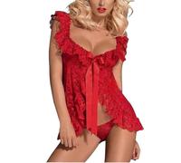 ROSVAJFY Femme Sexy Nuisette Dentelle Florale Lingerie Mini Chemise de Nuit avec String Babydoll Vêtements de Nuit Coquine Dentelle Transparente Robe de Nuit Courte Dos Nu (Rouge)