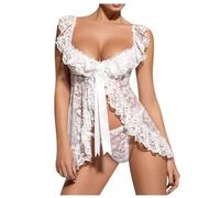 ROSVAJFY Femme Sexy Nuisette Dentelle Florale Lingerie Mini Chemise de Nuit avec String Babydoll Vêtements de Nuit Coquine Dentelle Transparente Robe de Nuit Courte Dos Nu (Blanc)