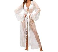 ROSVAJFY Femmes Kimono Robe Longue Lingerie Dentelle Transparente Chemise en Maille Nuisette Robe de Chambre Sexy Peignoir de Bain Couverture de Bikini Cardigan avec Ceinture (Blanc(mesh))