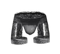 ROSVAJFY Homme Culotte en Dentelle avec Jarretières Perizoma Sissy Sous-vêtements Gay Élastique Tanga String Thong Slip Transparent Boxer à Taille Basse, Noir , Taille unique