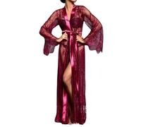 ROSVAJFY Kimono Femme Long en Dentelle Peignoir Sexy et Transparent Lingerie de Nuit Élégante Robe de Chambre Sensuelle (FR/ES, Alpha/lettres, Taille unique, Taille normale, Taille normale, Bordeaux)