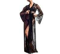 ROSVAJFY Kimono Femme Long en Dentelle Peignoir Sexy et Transparent Lingerie de Nuit Élégante Robe de Chambre Sensuelle (FR/ES, Alpha/lettres, Taille unique, Taille normale, Taille normale, Noir)