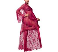 ROSVAJFY Kimono long en dentelle pour femme - Robe de chambre transparente - Manches longues - Robe de plage légère - Vêtement de nuit - Robe maxi avec ceinture, rouge bordeaux, taille unique