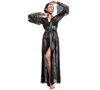 ROSVAJFY Kimono long en dentelle pour femme - Robe de chambre transparente - Manches longues - Robe de plage légère - Vêtement de nuit - Robe maxi avec ceinture, Noir , taille unique