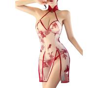 ROSVAJFY Lingerie Femme Robe Sexy Mini Cheongsam Qipao Babydoll Nuisette sous-Vêtements Bodycon Dentelle Fente Latérale Broderie Papillon Club Anime Cosplay Soirée Noir/Bordeaux (Bourgogne)