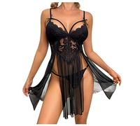 ROSVAJFY Lingerie Sexy Dentelle Femmes Coquine Hot Nuisette Bretelles Col V Mini Robe Transparente Fente Latérale Maille Babydoll Chemise Nuit sans Manches Vêtements Nuit Nœud+String (Noir)