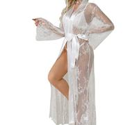 ROSVAJFY Lingerie sexy en dentelle florale pour femme - Robe de chambre kimono évasée à manches longues - Vêtement de nuit - Robe de bain pour demoiselle d'honneur - Cardigan avec string + ceinture en