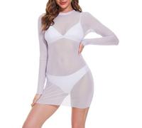 ROSVAJFY Mini Robe Sexy Manches Longues Femme Coquine Hot Lingerie Nuisette Transparente Maille Robe Plage Cache Bikini Élastique Slim Fit Moulante Soiree Cocktail à Col Montant Tenue (Blanc)