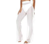 ROSVAJFY Pantalon Femme Sexy Volants Maille Transparent De Bain Filet Taille Haute Long D'été Couvre Costume Bikini Cover-Up Large Plage Rave Fête Clubwear, Blanc, M