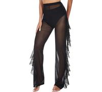 ROSVAJFY Pantalon Femme Sexy Volants Maille Transparent Pantalon De Bain Filet Taille Haute Pantalon Long D'été Couvre Costume Bikini Cover-Up Large Pantalon Plage Costume Rave Fête Clubwear, Noir , M