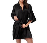 ROSVAJFY Peignoir Court Satin Femme, Robes Chambre Élégantes Soie à Demi-Manches, Robe Kimono Col V, Lingerie Bridesmaid Mariée, Chemise Nuit Bride avec Ceinture, Pyjamas Cadeau Saint Valentin (Noir)