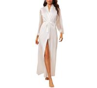 ROSVAJFY Peignoir kimono long en satin pour femme - Robe de chambre sexy en soie - Manches en maille à pois - Robe de nuit oblique - Col en V - Robe de mariée - Robe de demoiselle d'honneur - Doux et