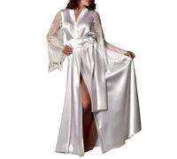 ROSVAJFY Robe Chambre Sexy Dentelle Manches Longues Femmes Lingerie Kimono Chemise Nuit Peignoir Ceinturée Mariée (FR/ES, Alpha/lettres, Taille unique, Taille normale, Taille normale, Blanc)